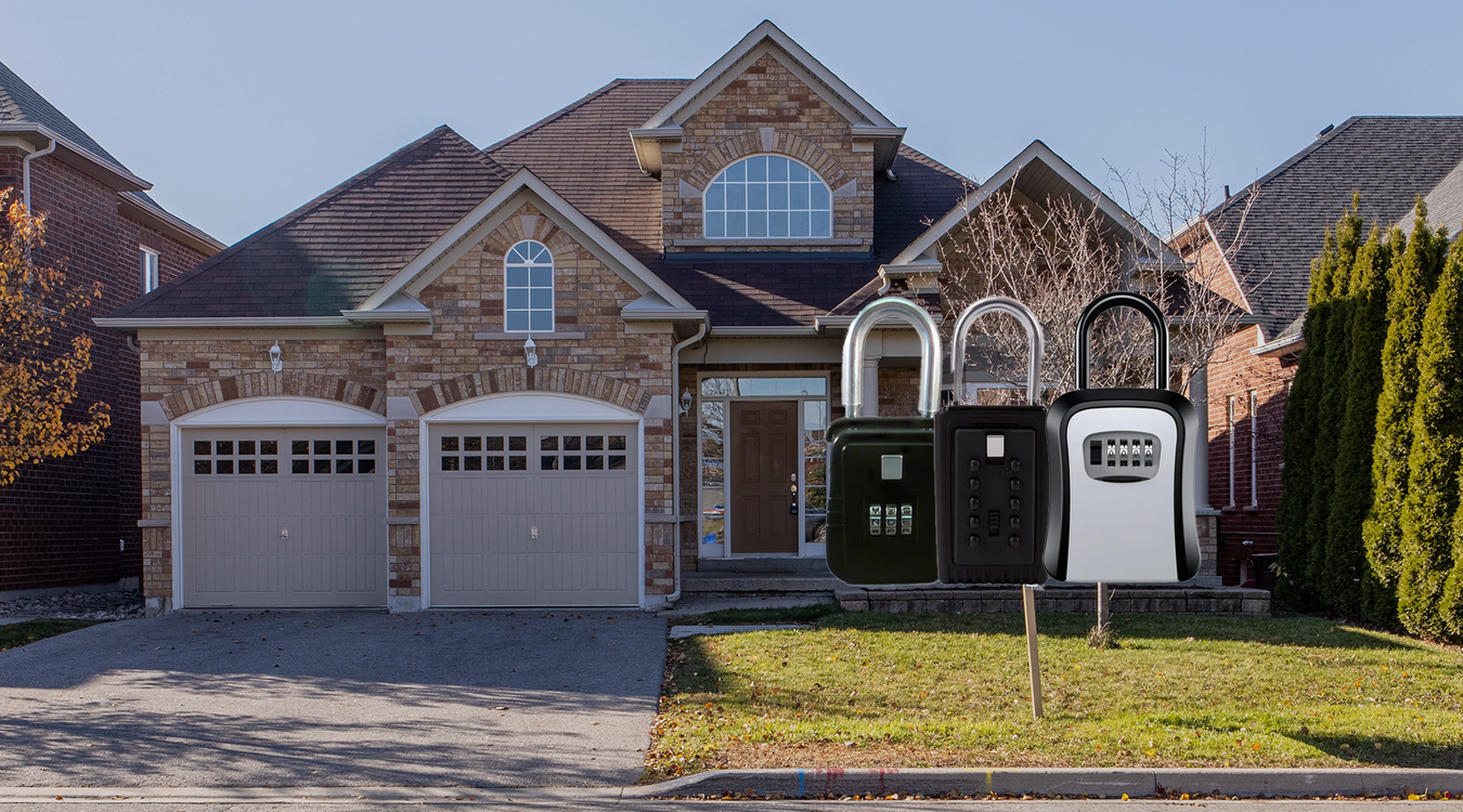 House with pictures of lock boxes in front